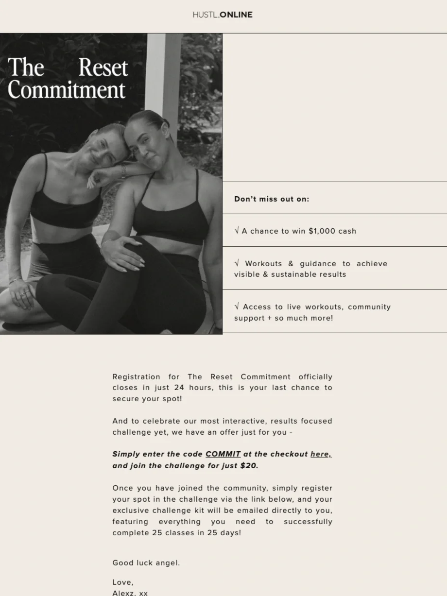 Email Marketing Design for The Reset Commitment fitness challenge, showing two women in athletic clothing sitting together, with text about the challenge, prizes, and registration instructions.
