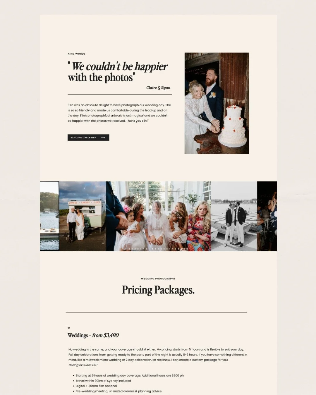 Showit Website Design for Elin Bandmann Photography.A wedding website featuring photos of a wedding celebration, including a couple with a wedding cake, guests sitting and standing in a bright room, and a reception area with a boat and water outside.