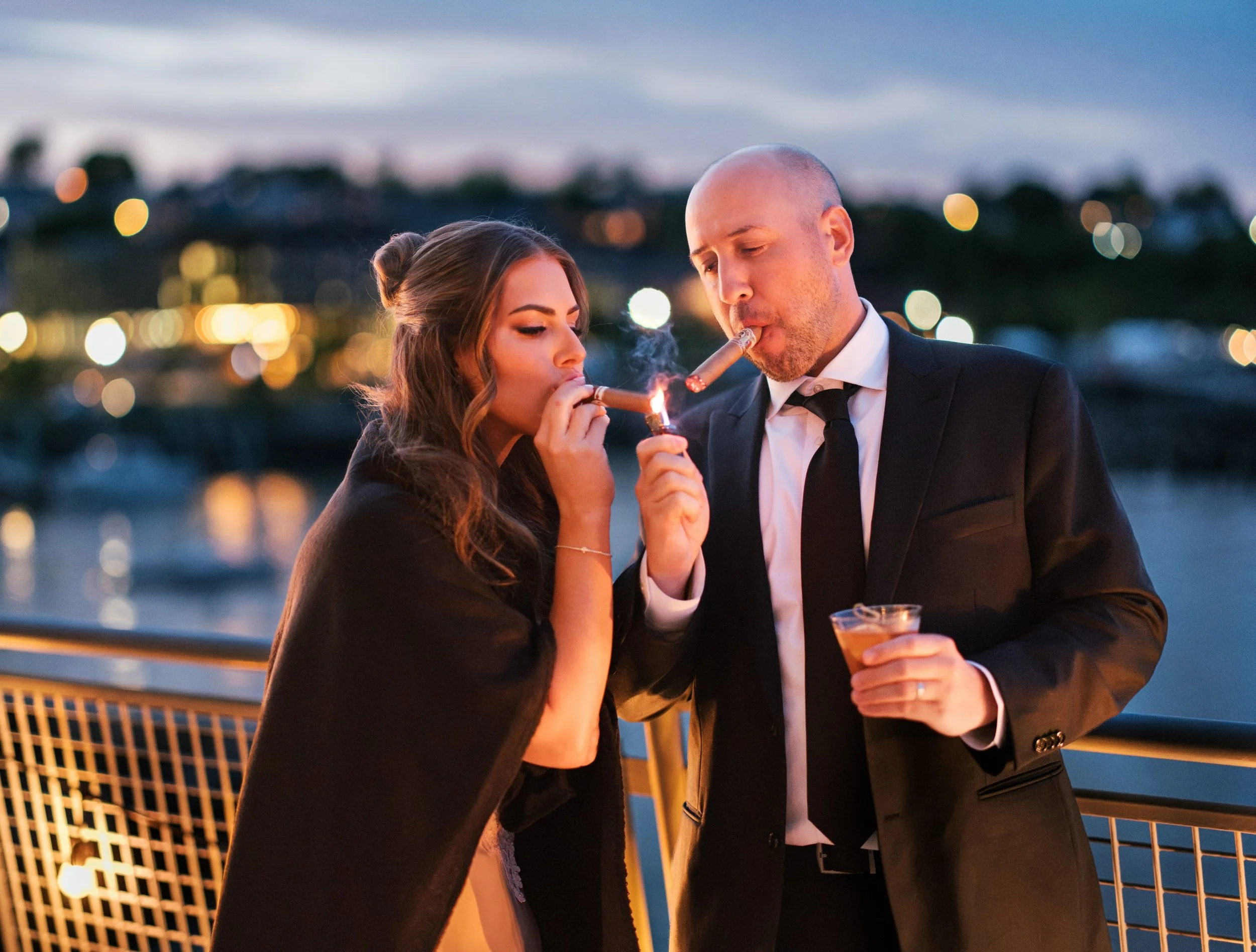 Pro tip: do the cigar bar 💨 

A classy, black and white, cocktail party on Casco Bay. 

Amanda and Nathan had the most epic wedding weekend ending with an absolute banger of a reception at @portlandoceangateway. 

05/30/2026 was really friggin fun ❤