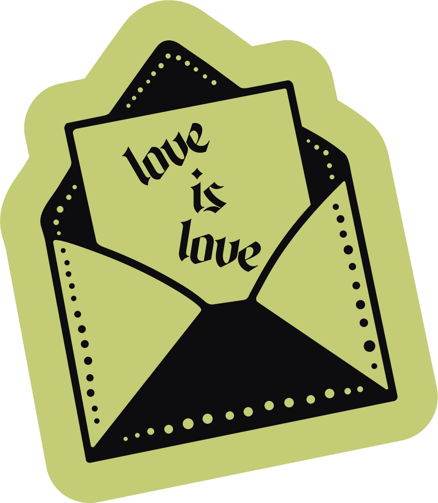 A stylized open box with the phrase "love is love" inside.