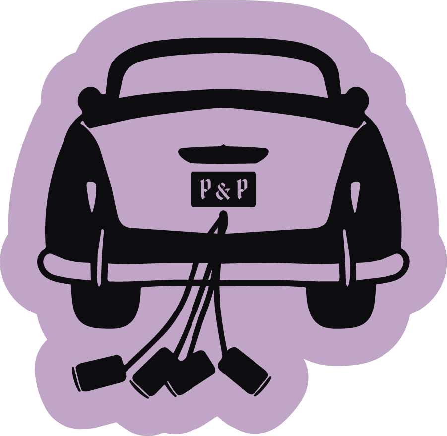Silhouette of a vintage car with 'P&P' on the license plate, with four black rectangular objects connected to the car by wires hanging from the rear.