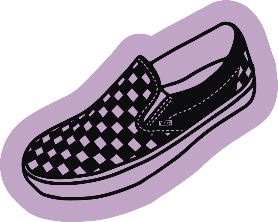 A slip-on shoe with a checkered purple and black pattern and the Vans logo on the side.