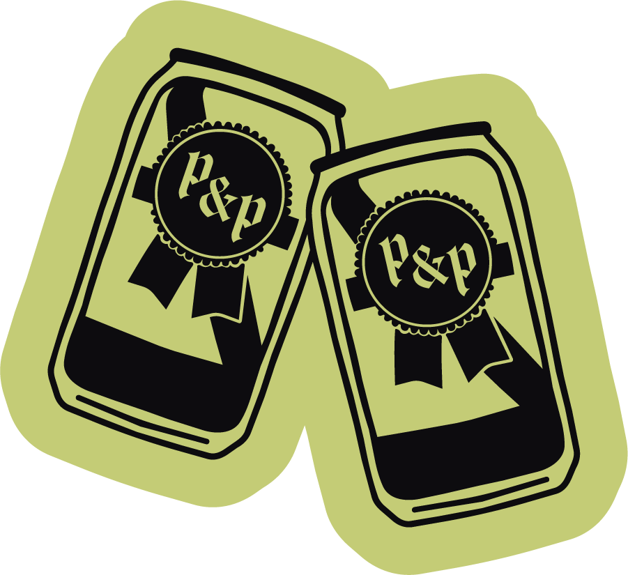 Two beer cans with a black ribbon and seal that reads P&P, on a light green background.