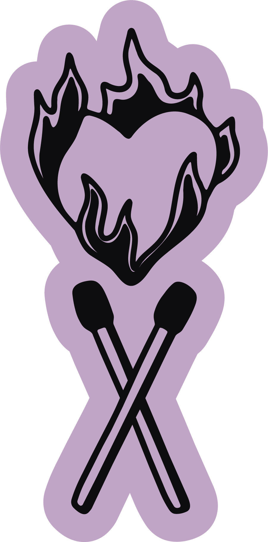 A stylized illustration of a peace sign with a heart and flames inside, crossed by two sticks or matchsticks.