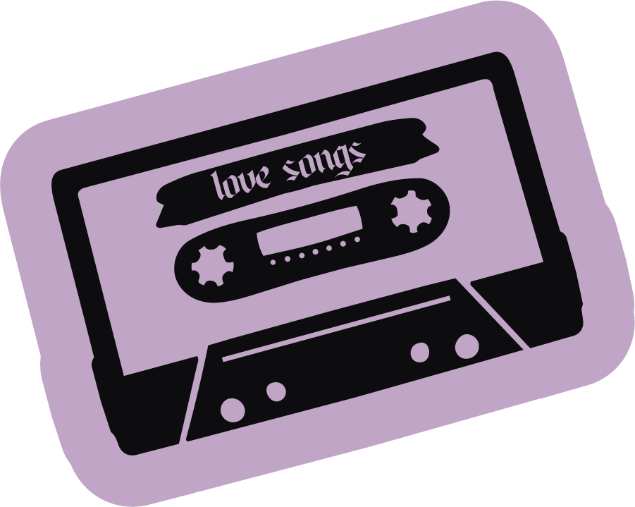 A black and purple illustrated cassette tape with the words 'love songs' written on the label.