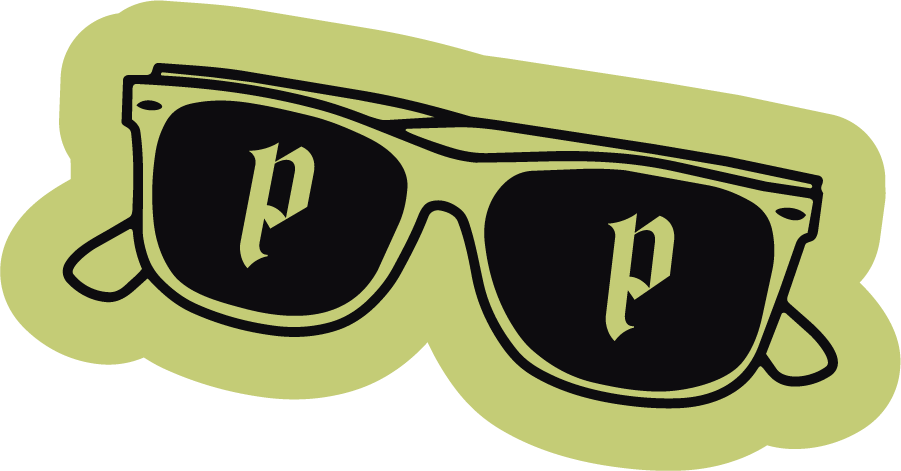 Graphic of a pair of sunglasses with black lenses, each featuring a white lowercase letter 'p' in the center.