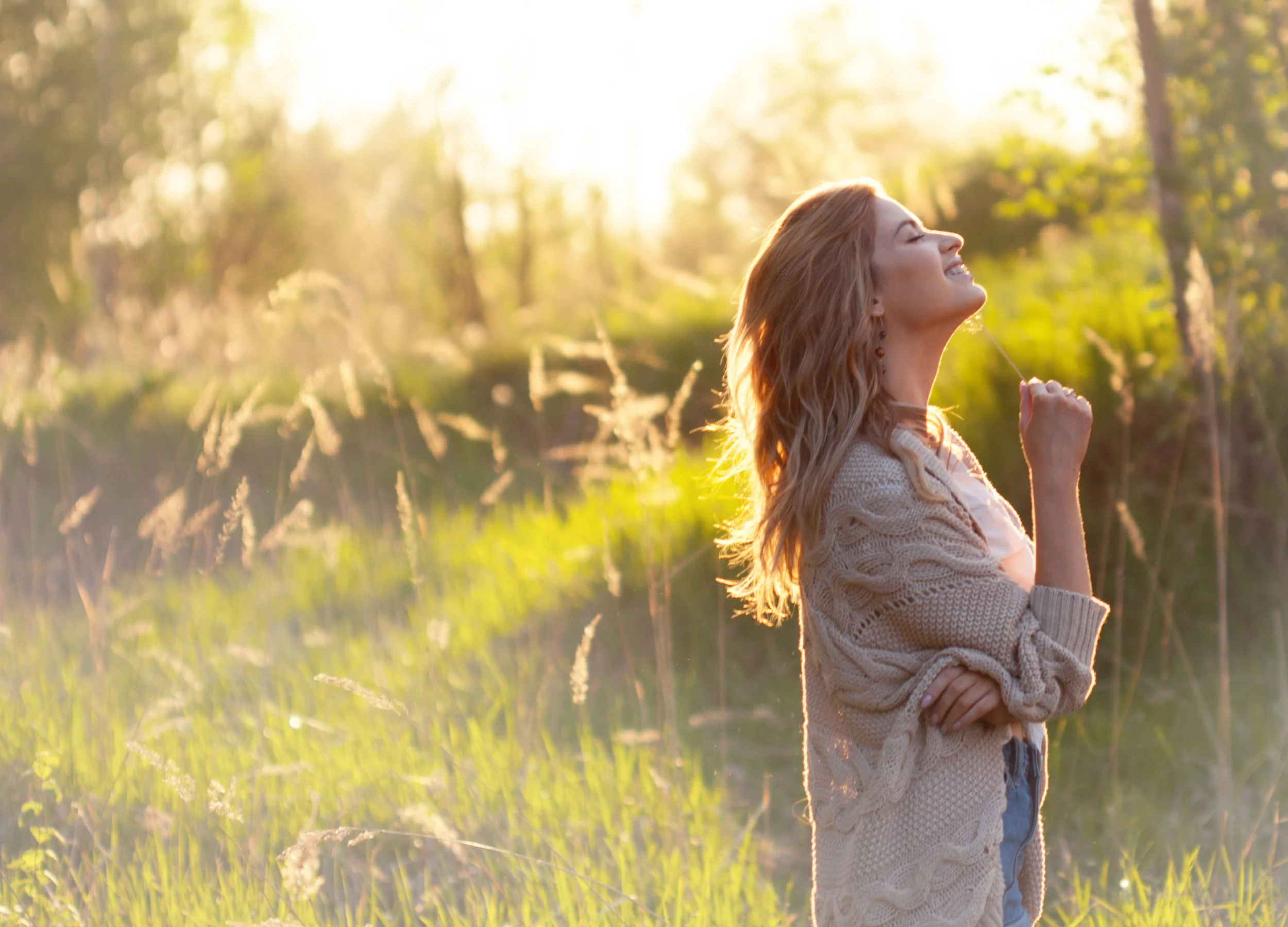 Happy Woman Looking Up, Feeling Hopeful, Strong and Confident