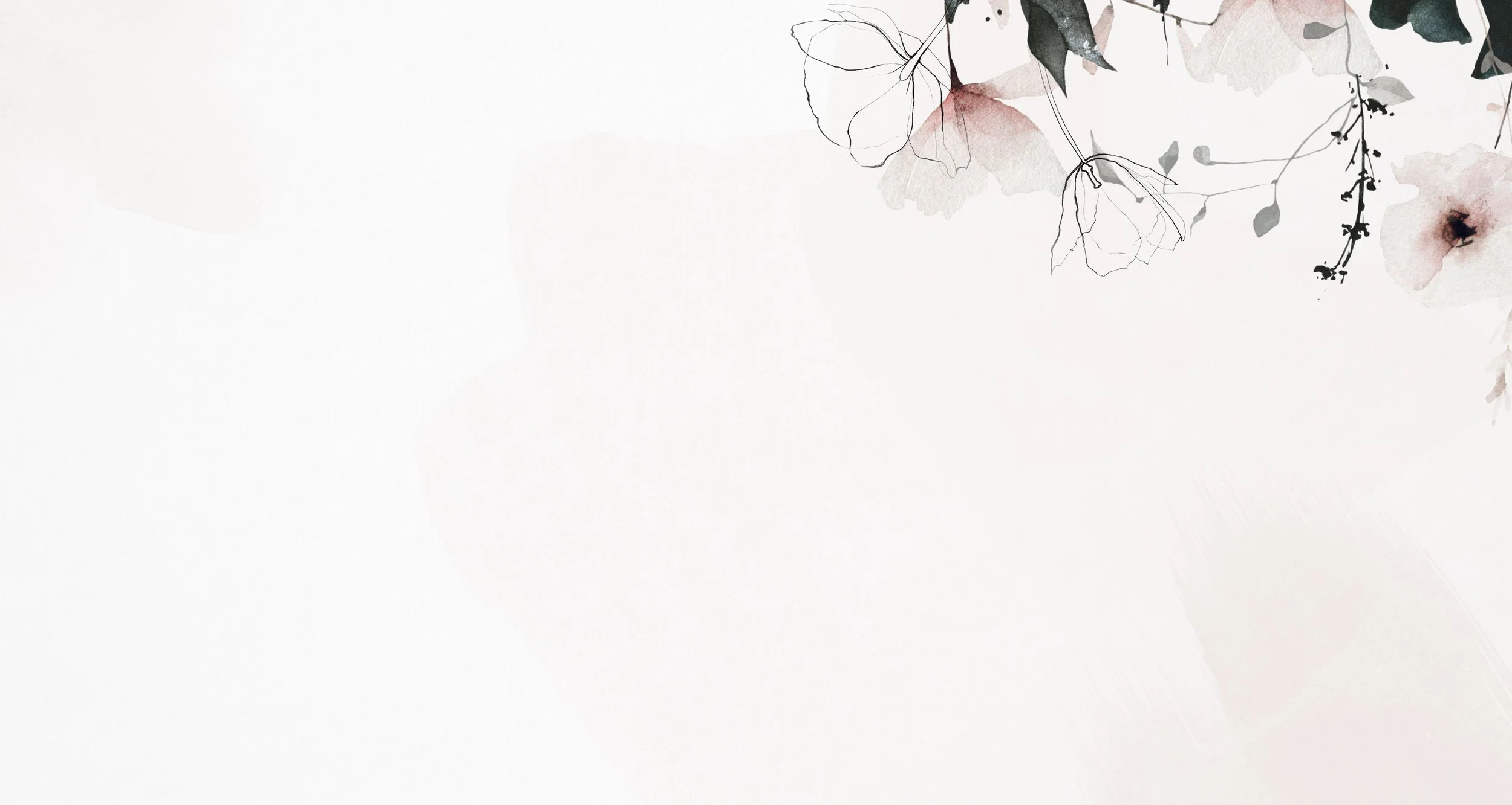 Soft watercolor floral background with delicate leaves and blooms in the corner.