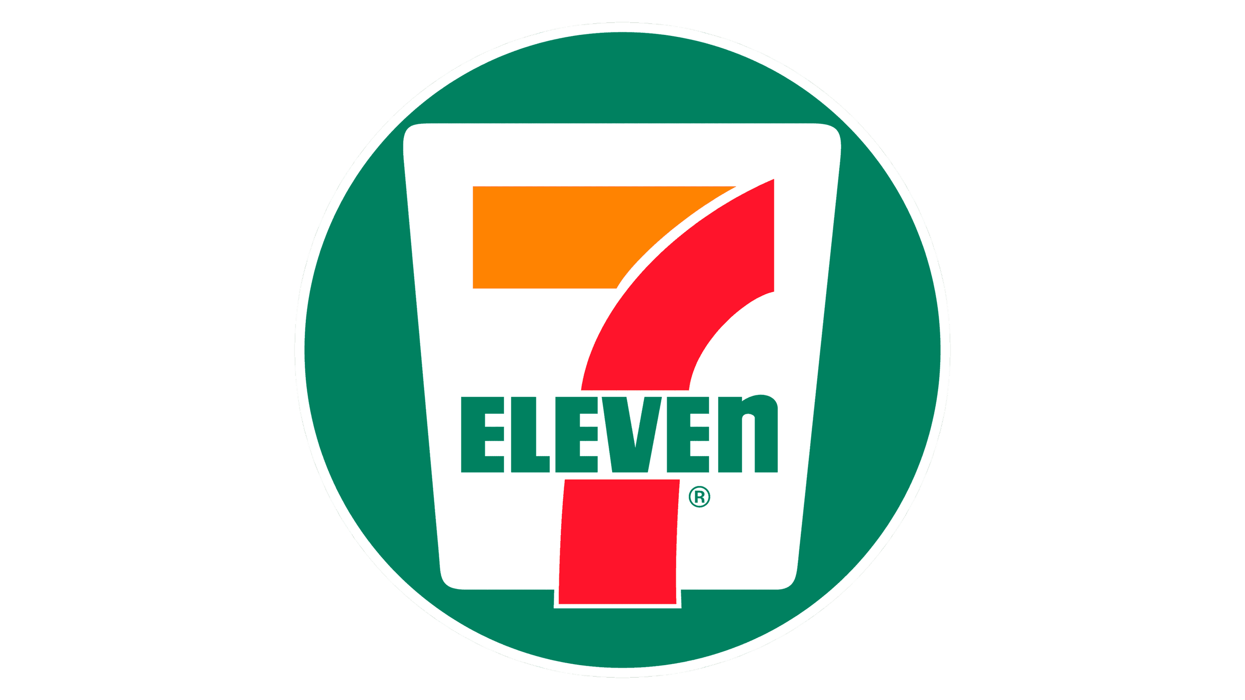 7-Eleven logo featuring a green circle with a white background, a large red number 7, the word "ELEVEN" in green, and an orange horizontal bar at the top.