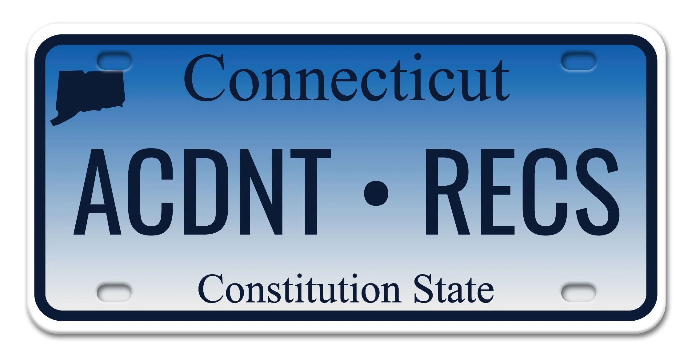 Connecticut license plate with blue gradient background, state outline, and the text 'Connecticut' at the top and 'CONSTITUTION STATE' at the bottom, with the license plate number 'ACDN • RECS' in the center.