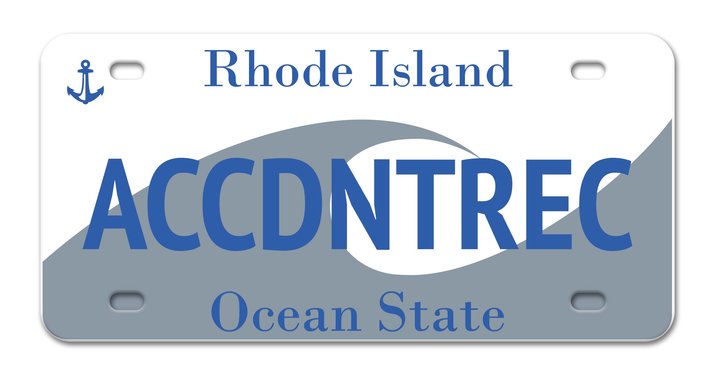 Rhode Island license plate with the text ACCDNTREC, featuring an anchor symbol and ocean waves, representing Ocean State.