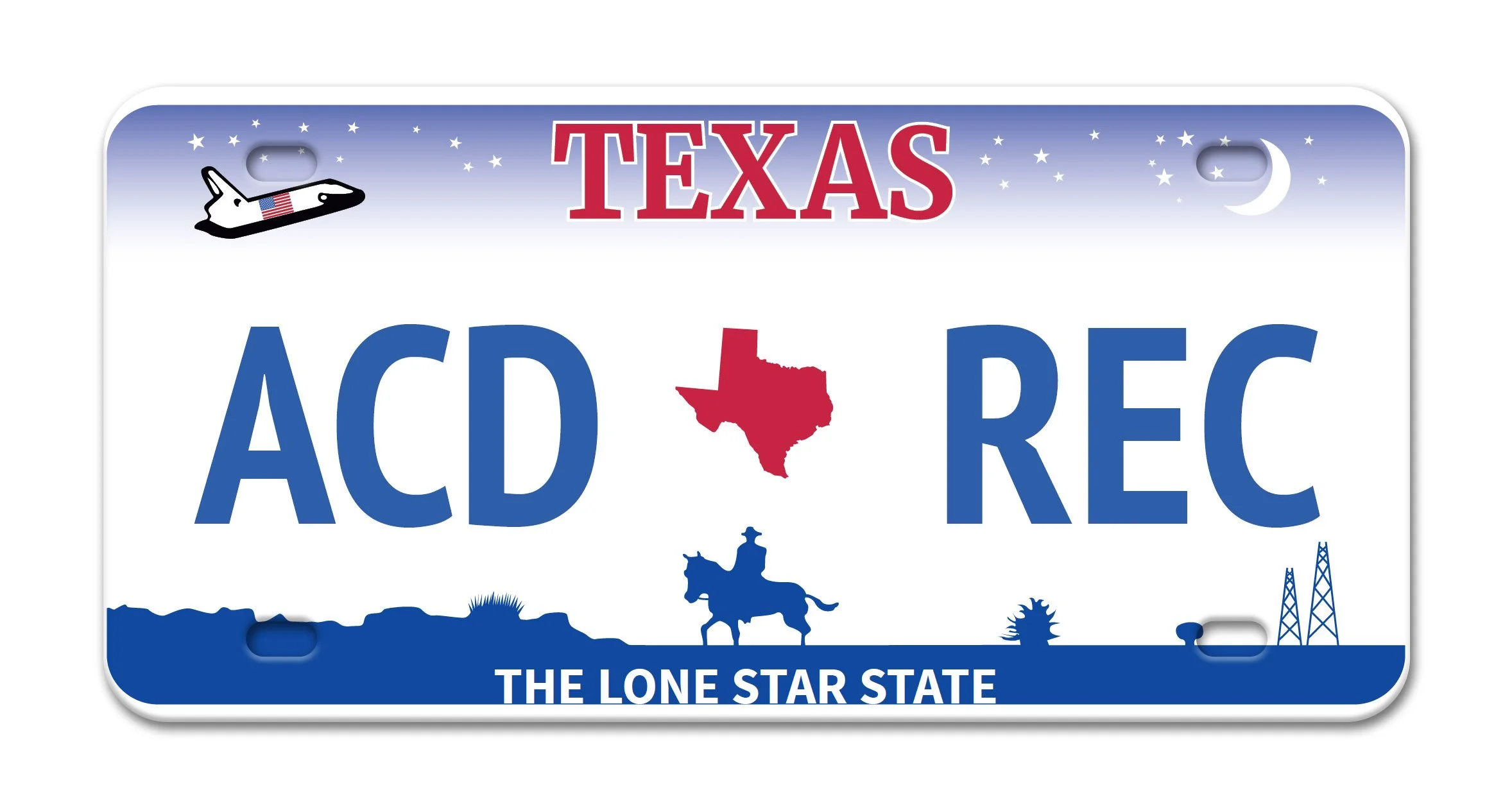 Texas license plate with space-themed elements, featuring a space shuttle, stars, and moon, with the slogan 'The Lone Star State', and the abbreviation ACD REC.