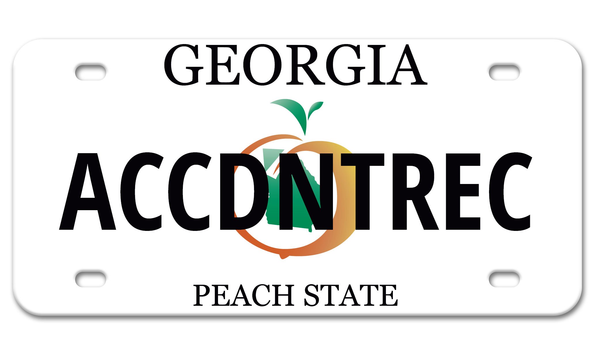 Georgia license plate with a peach graphic and the text 'Georgia Peach State' and 'Accident' over the graphic