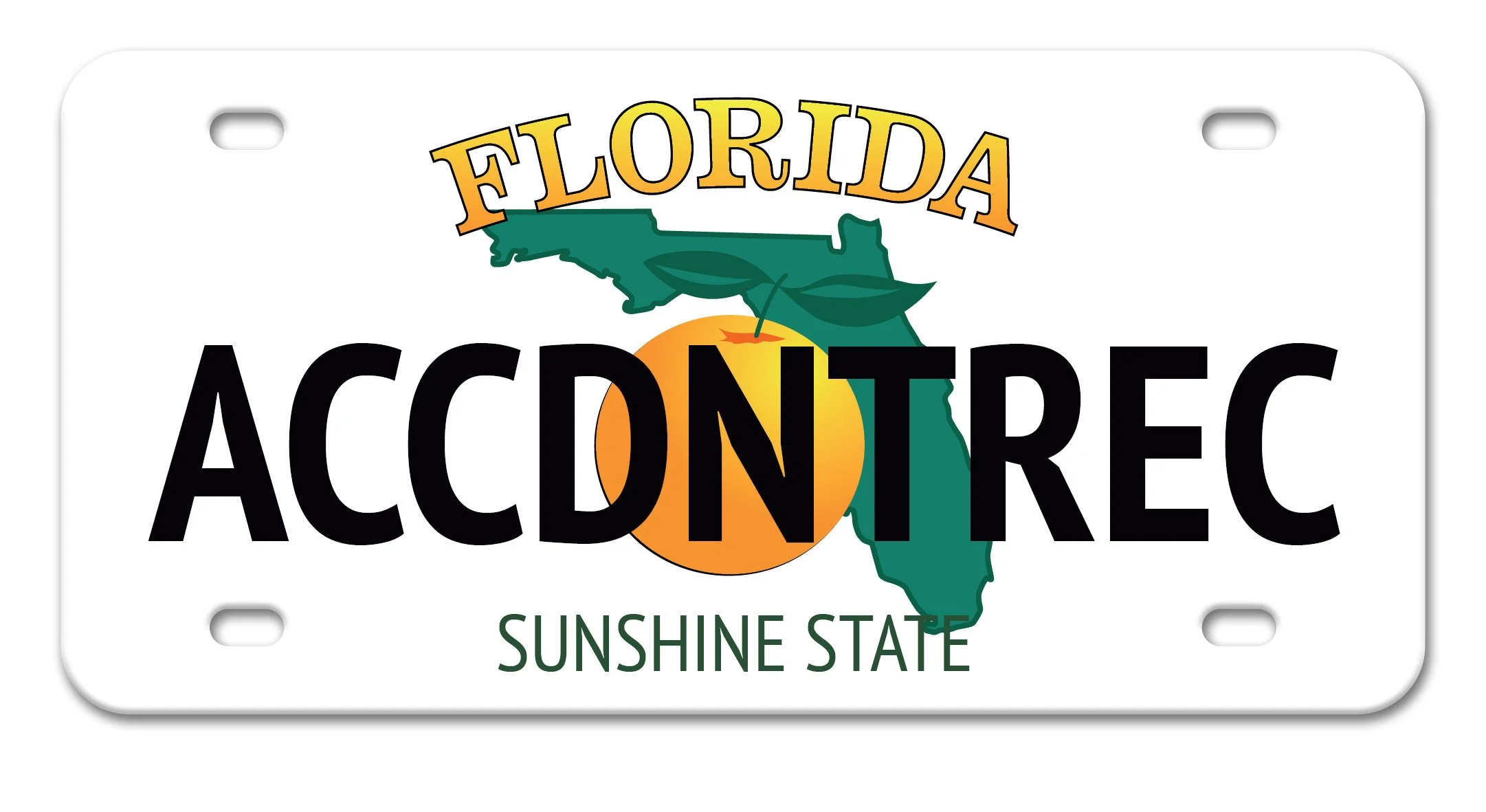 Florida license plate with the words 'AccuTrack', a map of Florida, an orange, and text reading 'Sunshine State'.