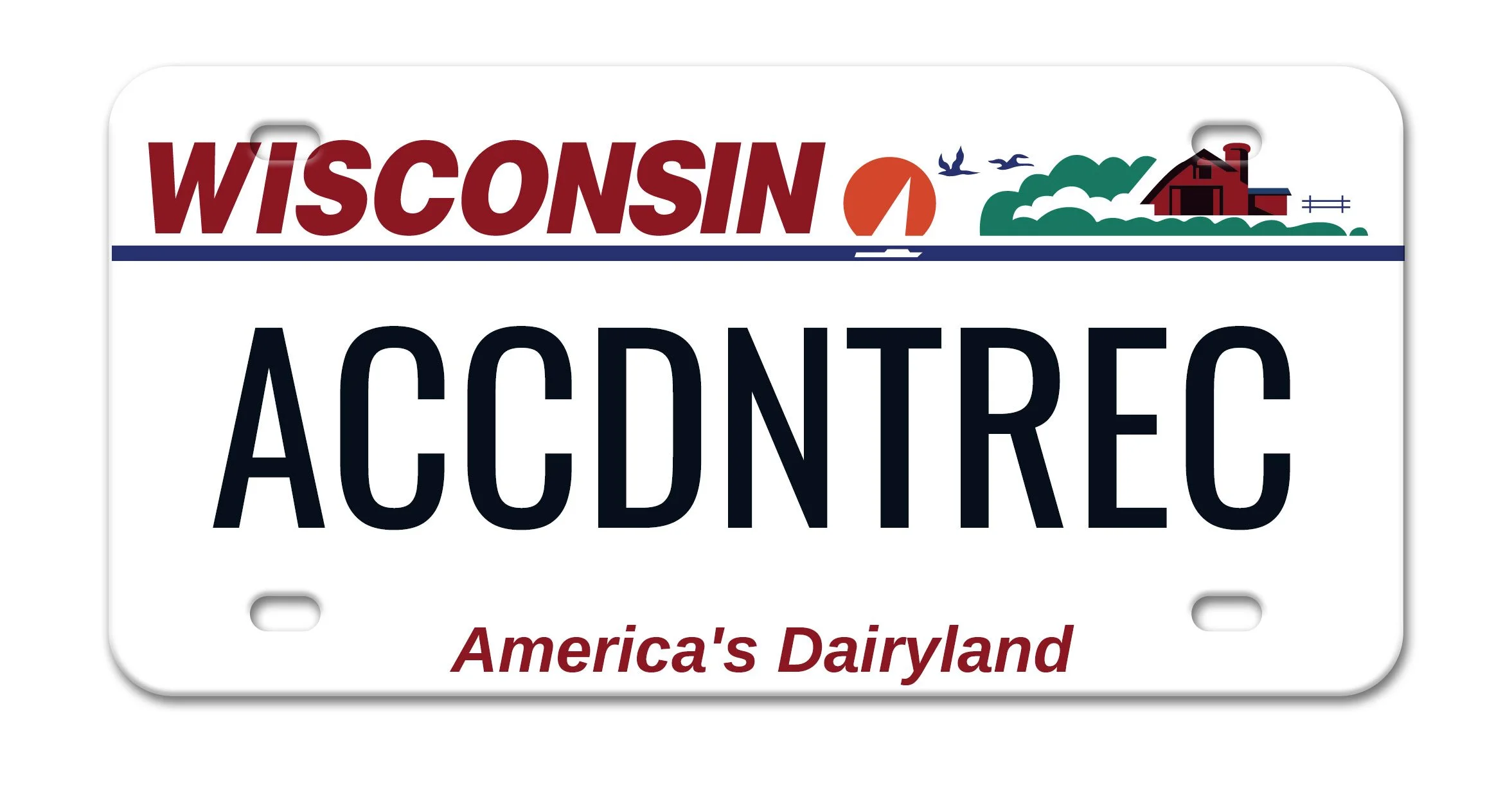 Wisconsin license plate with scenic illustrations and the slogan 'America's Dairyland'.