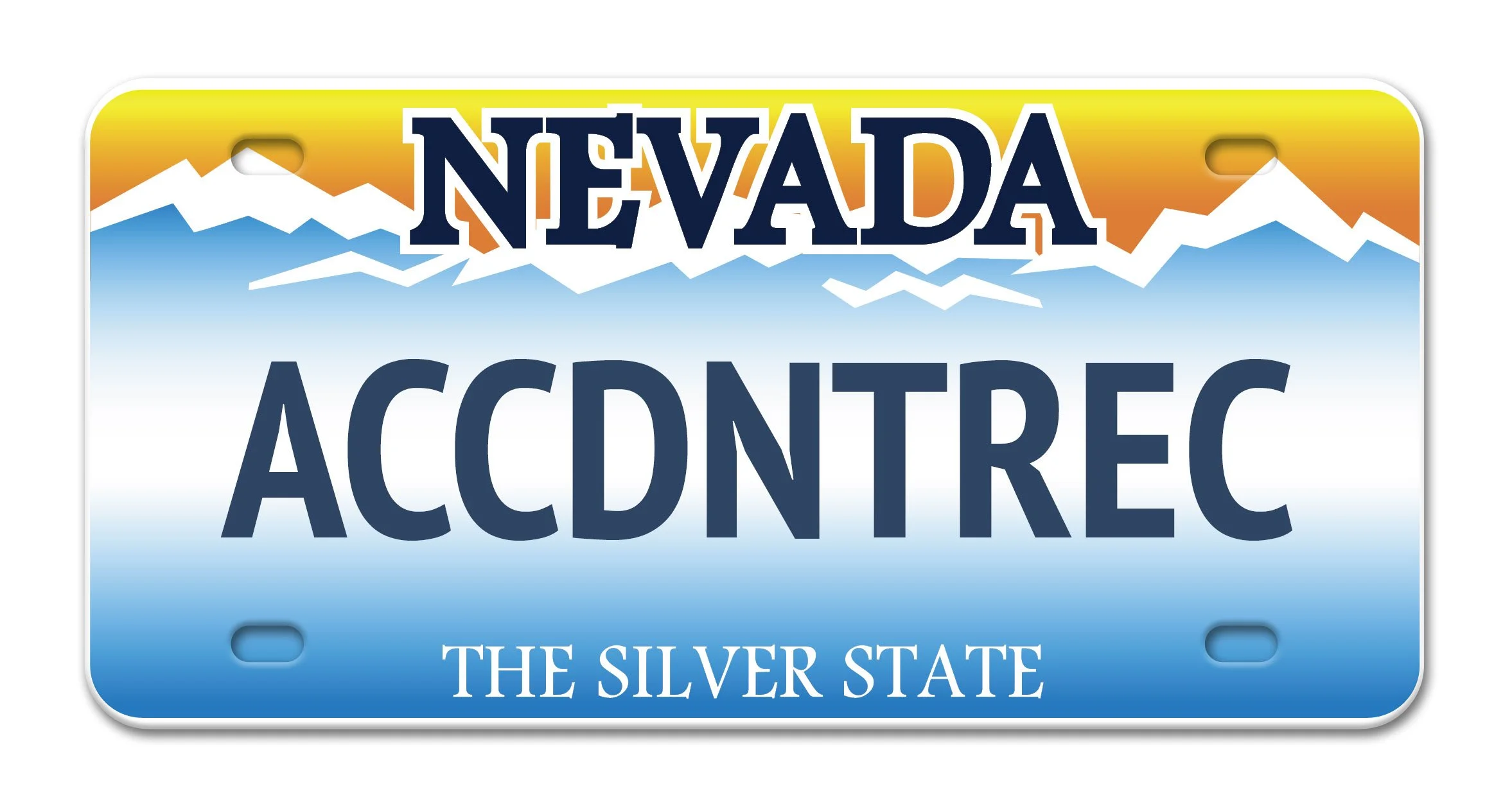 Nevada license plate with mountains and sunset, reading 'Nevada,' 'Accident,' and 'The Silver State'.