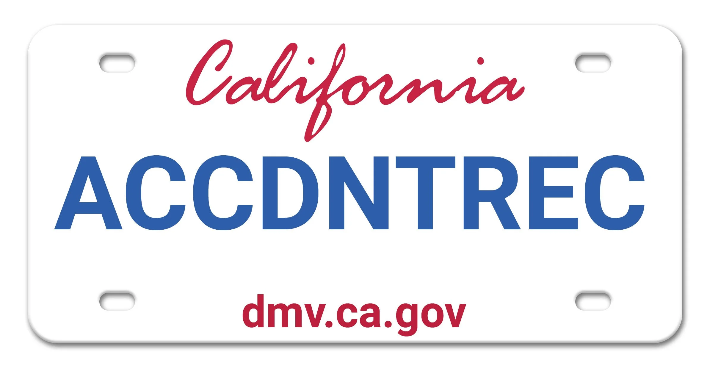 California license plate with the word 'ACCIDENT' in blue capital letters and 'California' in red cursive at the top, and the website 'dmv.ca.gov' in red at the bottom.