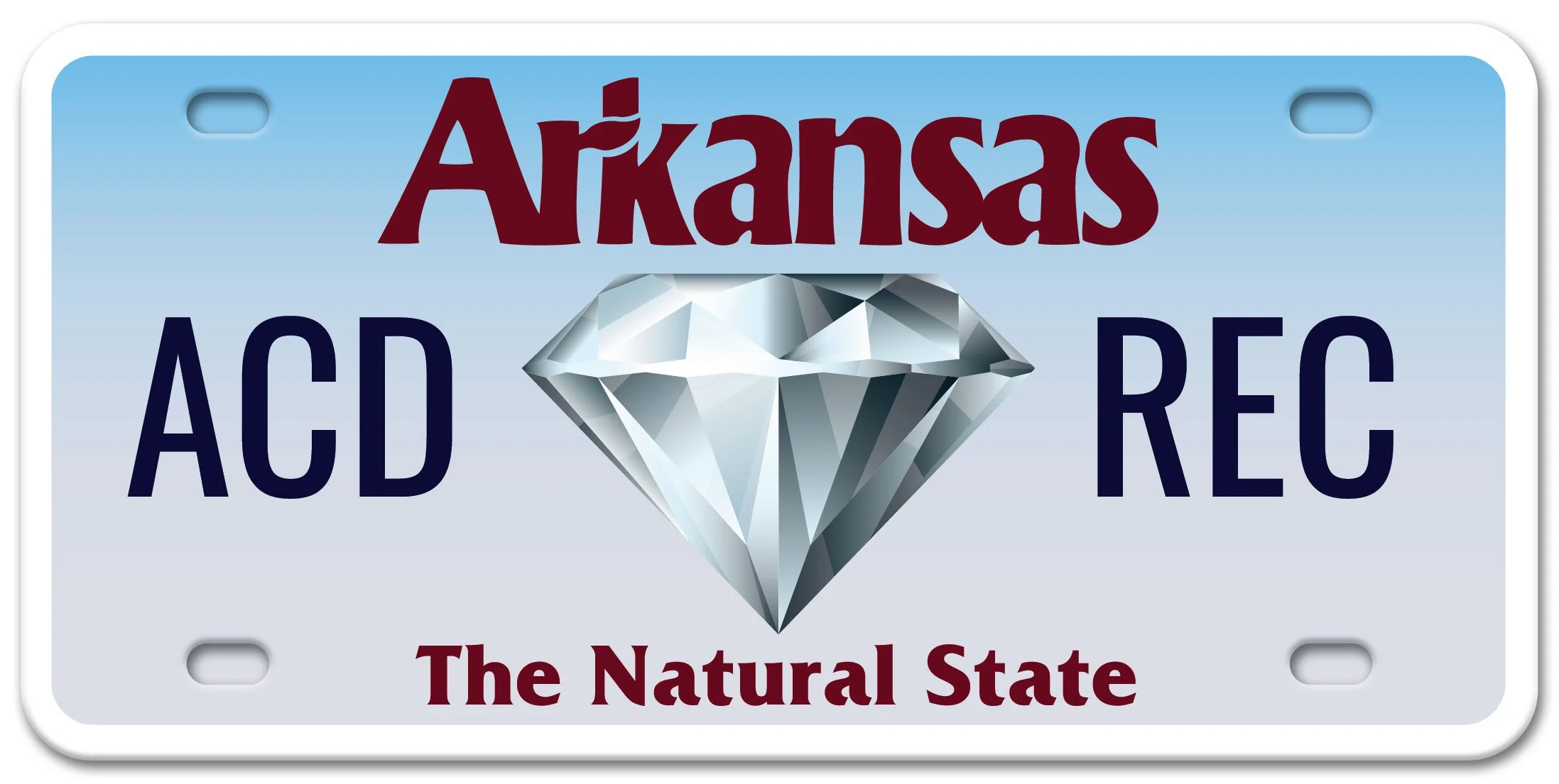 Arkansas license plate featuring the words 'Arkansas' in red, 'ACD' and 'REC' in black, and a large diamond graphic in the center with the phrase 'The Natural State' at the bottom.