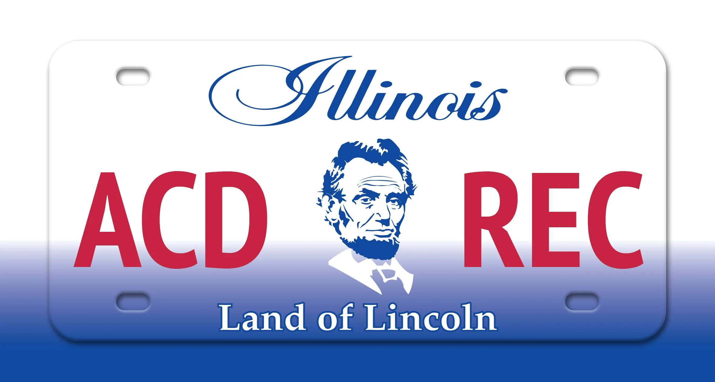 Illinois license plate with the words Illinois, ACD, REC, and Land of Lincoln, featuring a portrait of Abraham Lincoln.