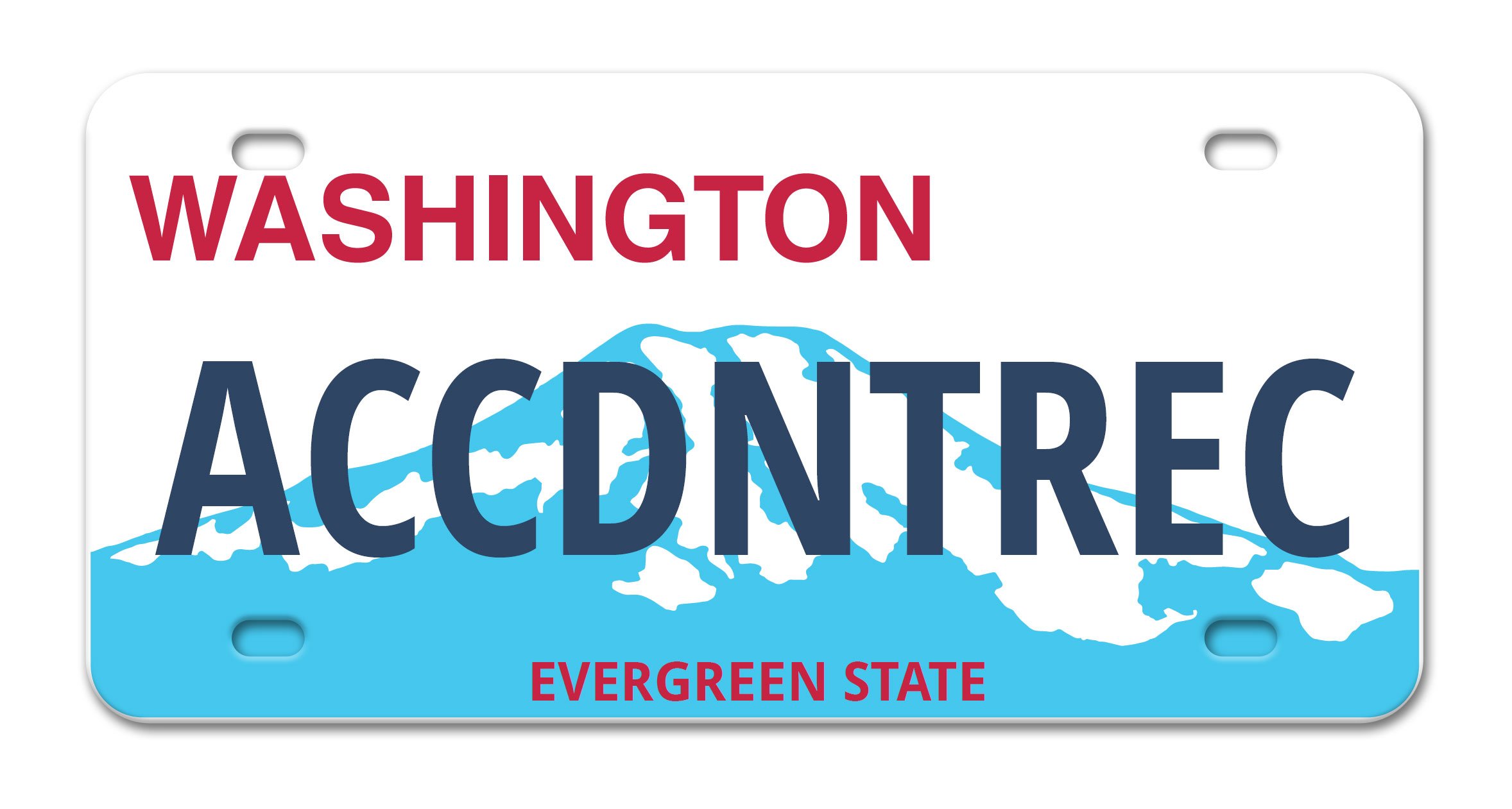 License plate with Washington state design, displaying the word 'WASHINGTON' in red, 'ACCDNREC' in large blue letters, and 'EVERGREEN STATE' in smaller red letters, with a mountain silhouette in the background.