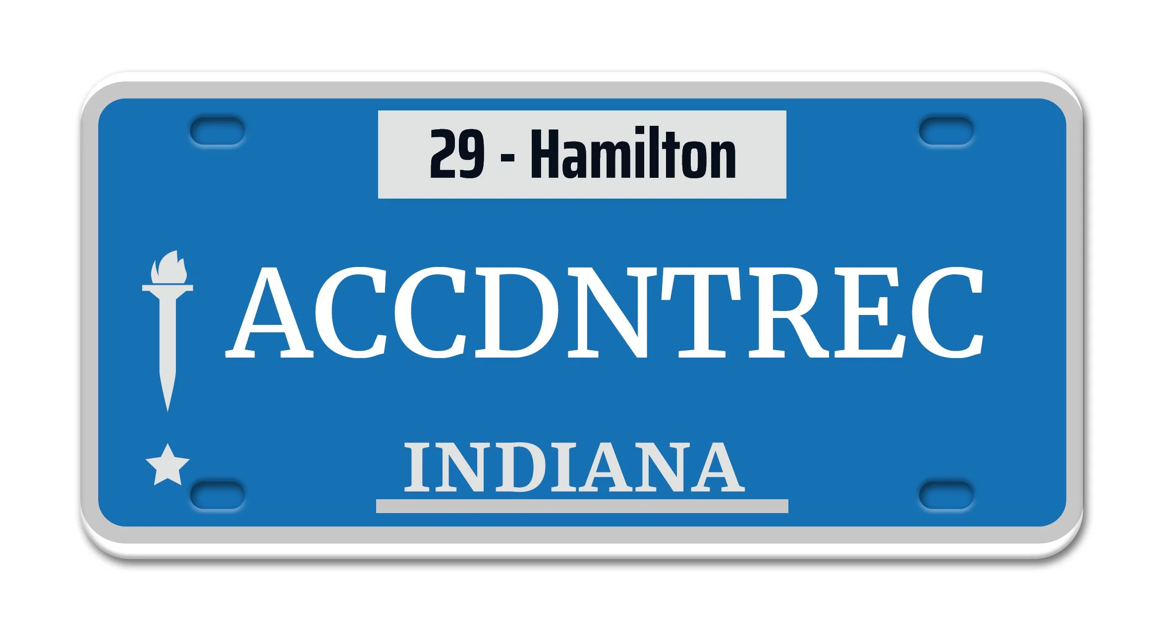 Blue Indiana license plate with white letters reading '29 - Hamilton' at the top, featuring a torch and star emblem, with the word 'ACCDNTREC' in the center and 'INDIANA' at the bottom.