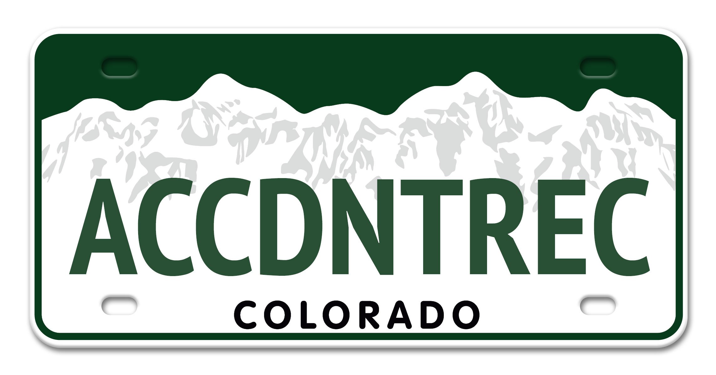 Colorado license plate featuring a mountain range outline and the text 'ACCDREC' with 'COLORADO' below.