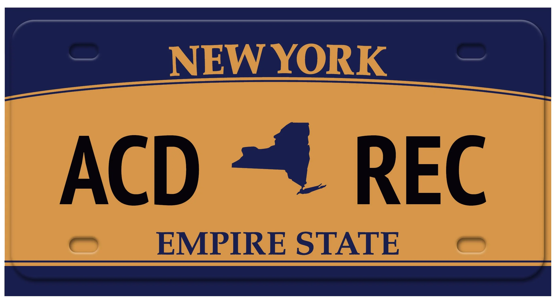 A New York license plate with a gold background and navy blue border. It features the words 'ACD REC' and a silhouette of the state of New York. The text 'Empire State' appears at the bottom.