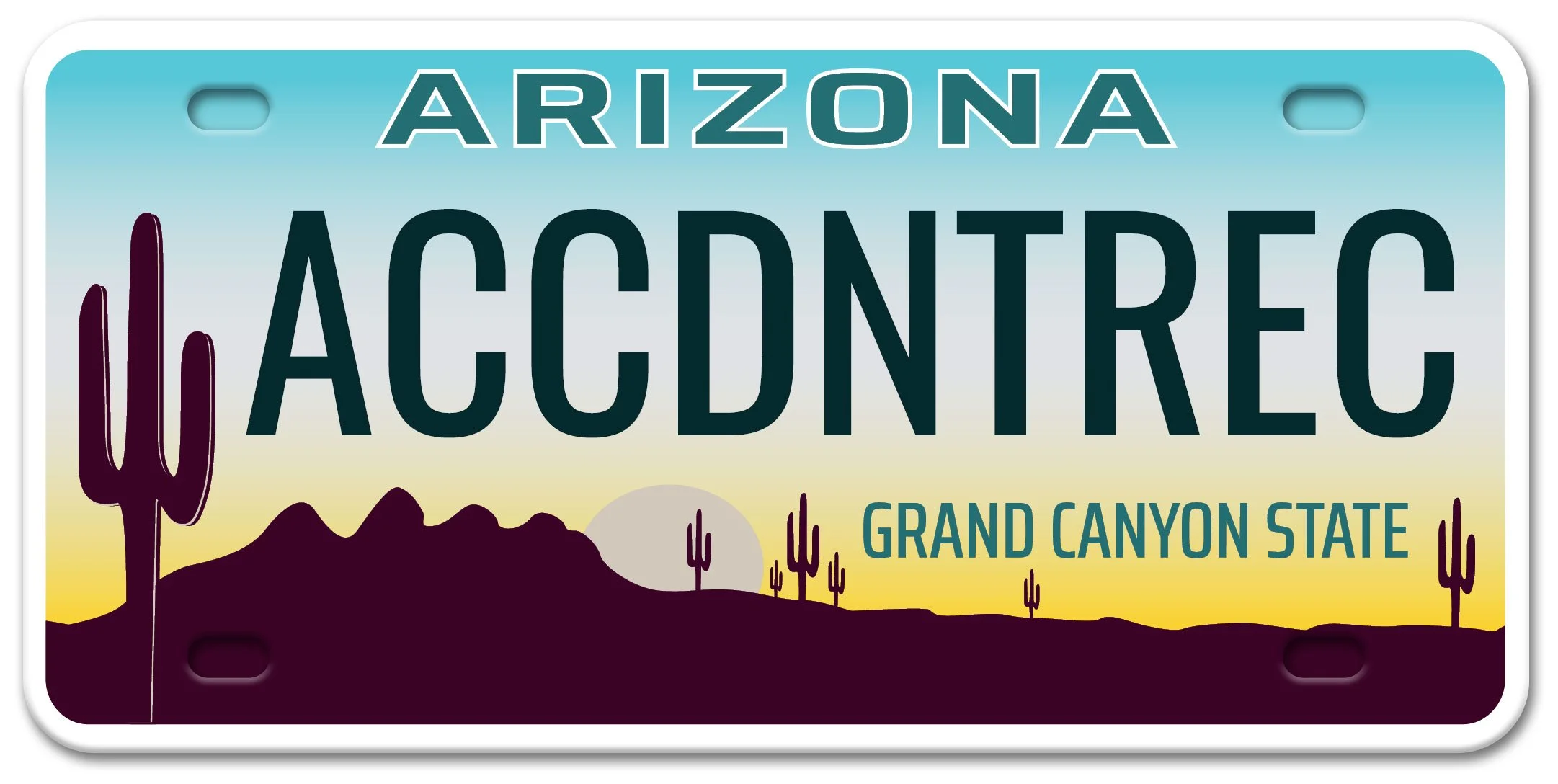 Arizona license plate with a desert scene, cacti, mountains, and a setting sun, reading 'ACDCNREC' and 'Grand Canyon State'.