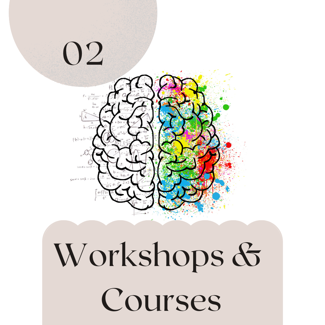 An illustration of a brain, with the left side outlined in black and filled with mathematical equations and formulas, and the right side filled with colorful paint splatters. The top has a grey circle with the number 02, and the bottom has a beige area with the text 'Workshops & Courses.