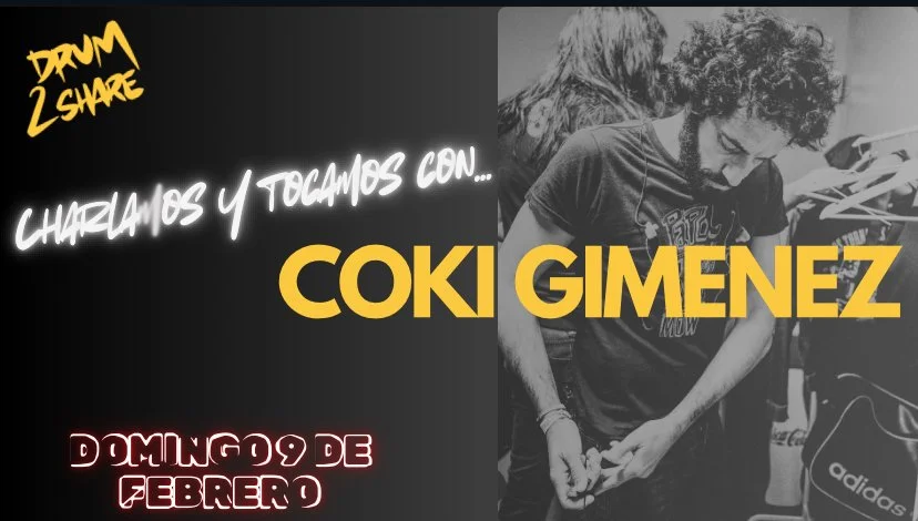 Cartel de evento musical con Charlar y tocar con Coki Giménez, fecha domingo 9 de febrero, con fotos en blanco y negro de dos músicos en la esquina derecha.