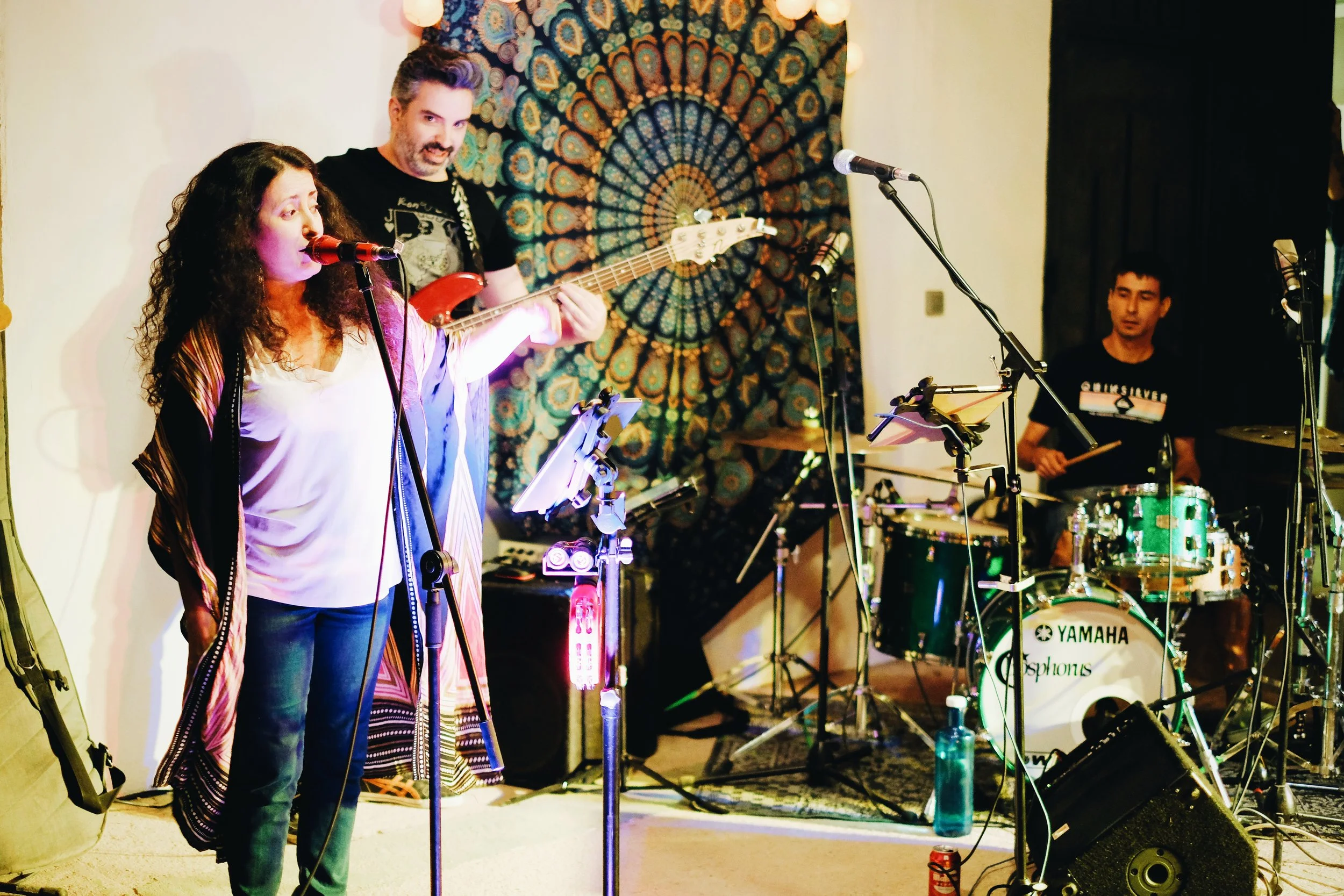 Un grupo de músicos tocando en un escenario interior, con una mujer cantando al micrófono y un hombre tocando la guitarra eléctrica, mientras otro hombre toca la batería en el fondo, decorado con un tapiz y luces de escenario.