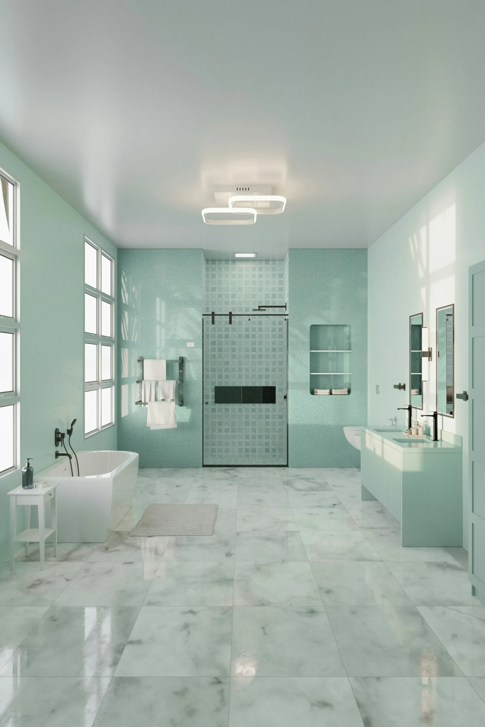 Modern bathroom with mint green walls, marble floor tiles, a bathtub, a glass shower enclosure, and a double sink vanity with mirrors.