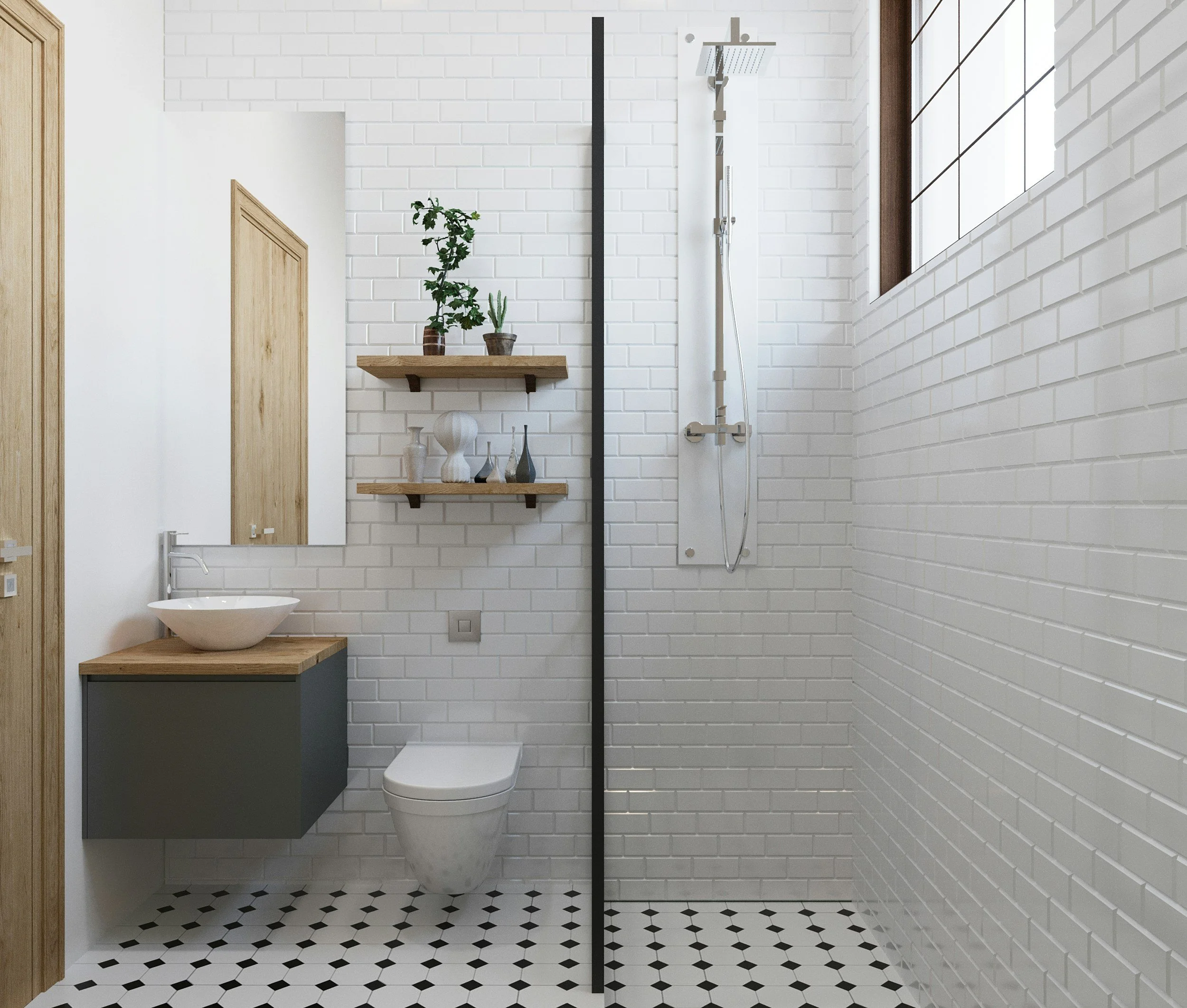 Modern bathroom with white brick walls, a black and white tiled floor, a wall-mounted sink with a wooden countertop, a white toilet, wooden shelves with plants and decorative items, and a glass shower area with a rain shower head and a window.