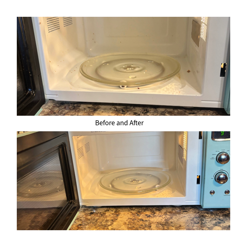 Comparison of a microwave oven interior before and after cleaning, showing the removal of food dirt and stains.