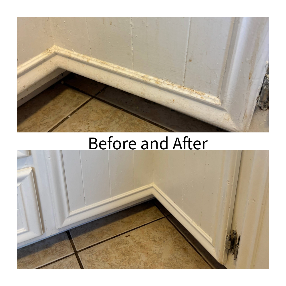 Comparison of the bottom corner of a kitchen cabinet before and after cleaning. The 'before' shows dirt and grime buildup, while the 'after' shows a clean and white surface.