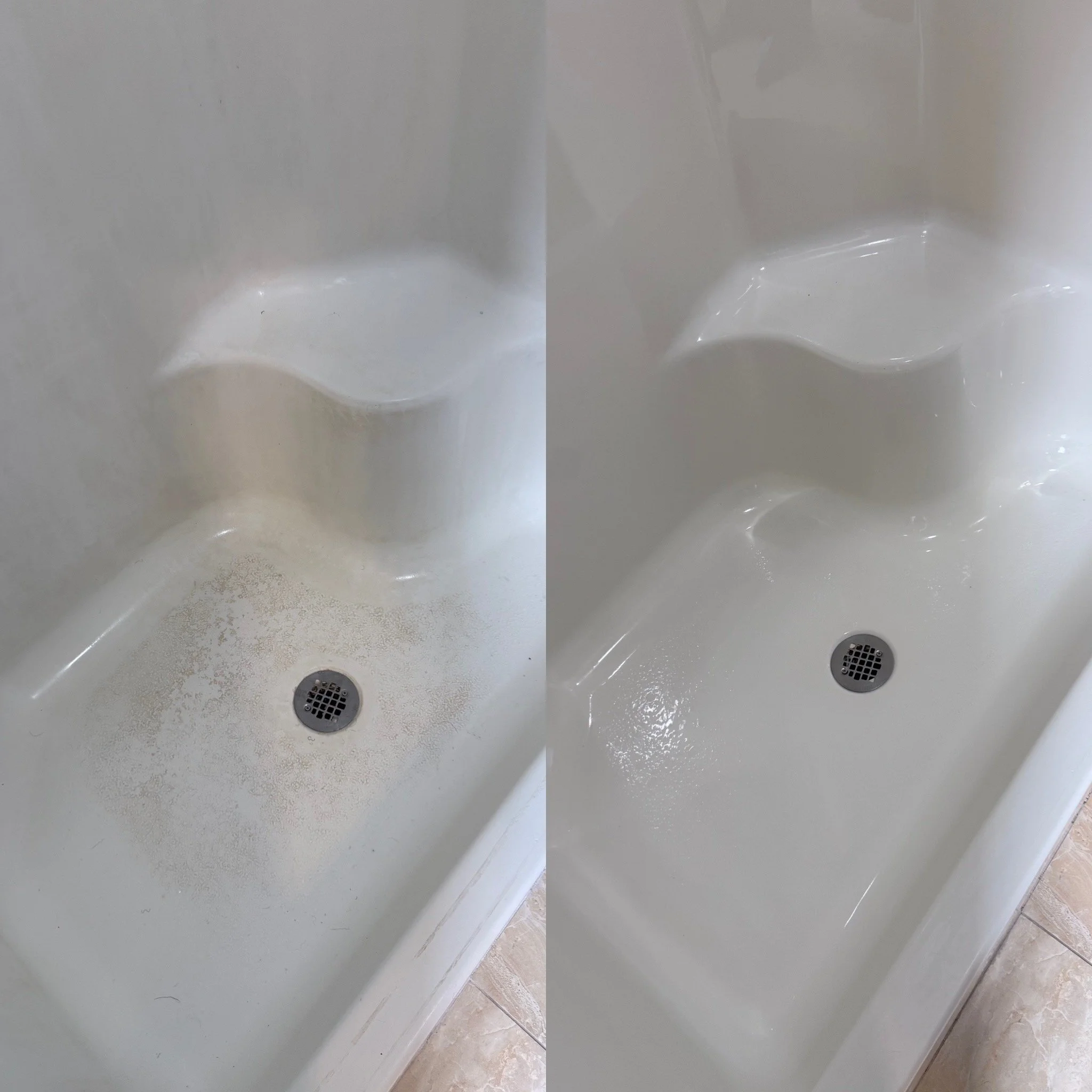 Before and after images of a shower floor cleaning, showing a dirty shower floor on the left and a clean, shiny shower floor on the right.