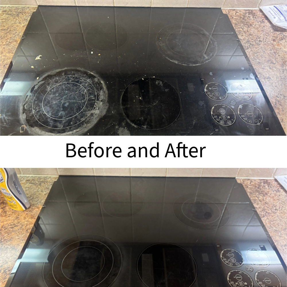 Comparison of an electric stovetop before and after cleaning, showing dirty and spotless surfaces.