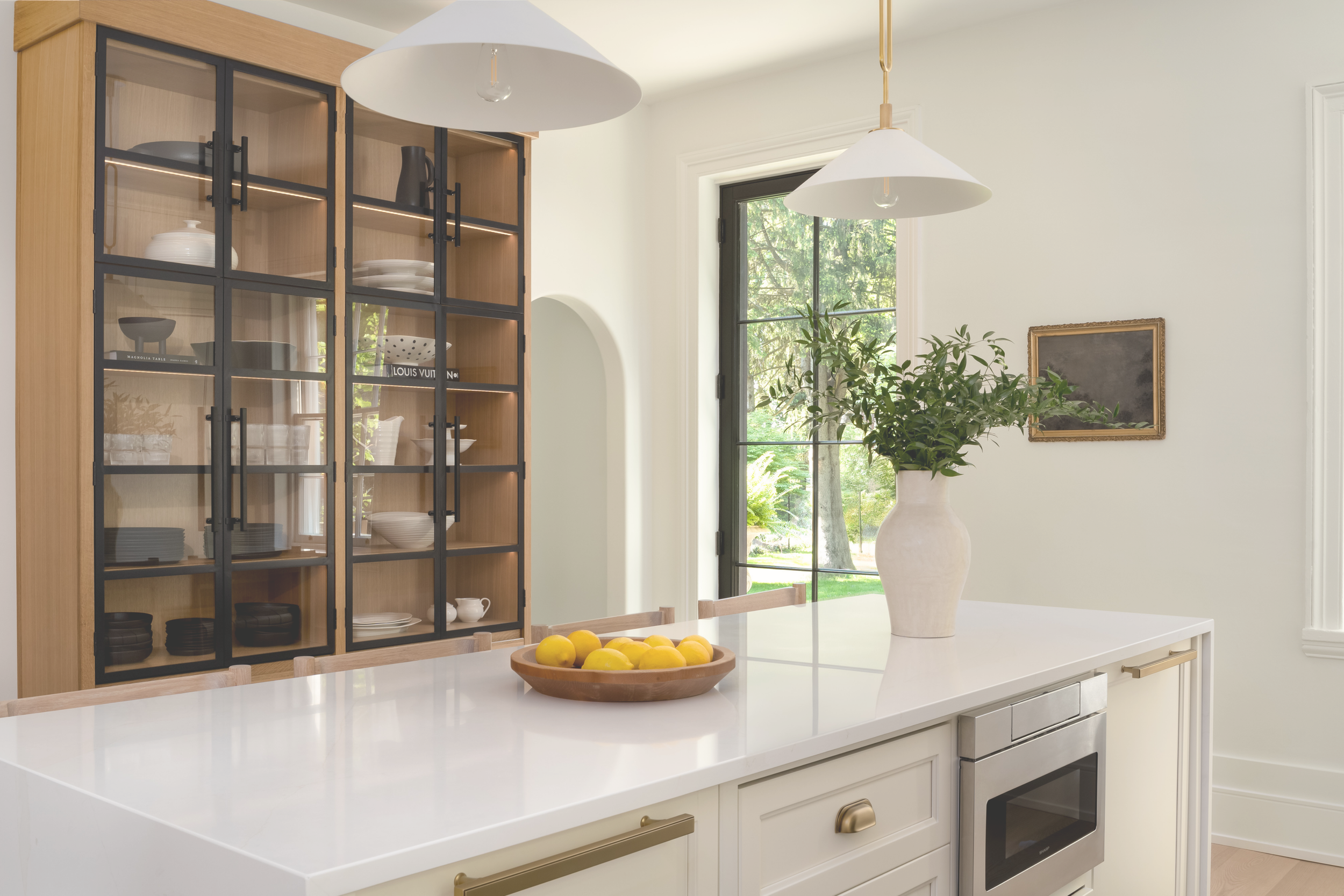 A modern kitchen with a white countertop, a large potted plant, a built-in oven, and a glass-front cabinet containing dishes and bowls. Sunlight streams through a window, and a wooden bowl of lemons is on the counter.