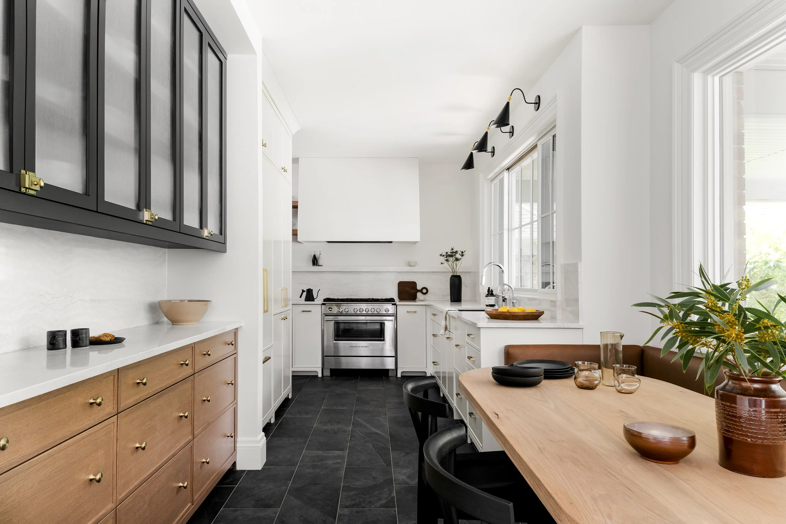 modern timeless kitchen design, custom cabinetry, wood floating shelves, white oak and black accents,  cambridge, ON.jpg