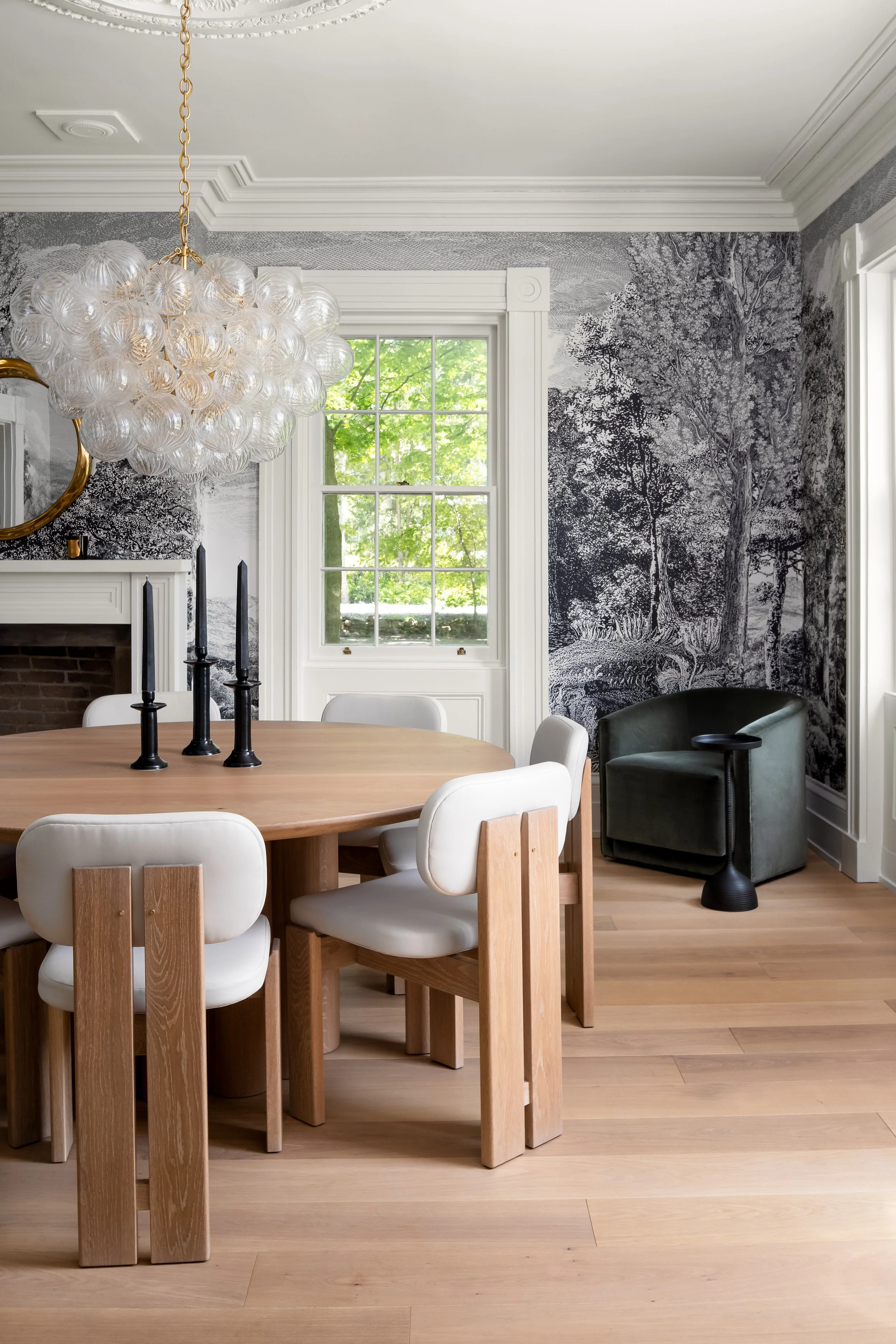 Black and White mural dining room vintage chandelier Kitchener, ON.jpg