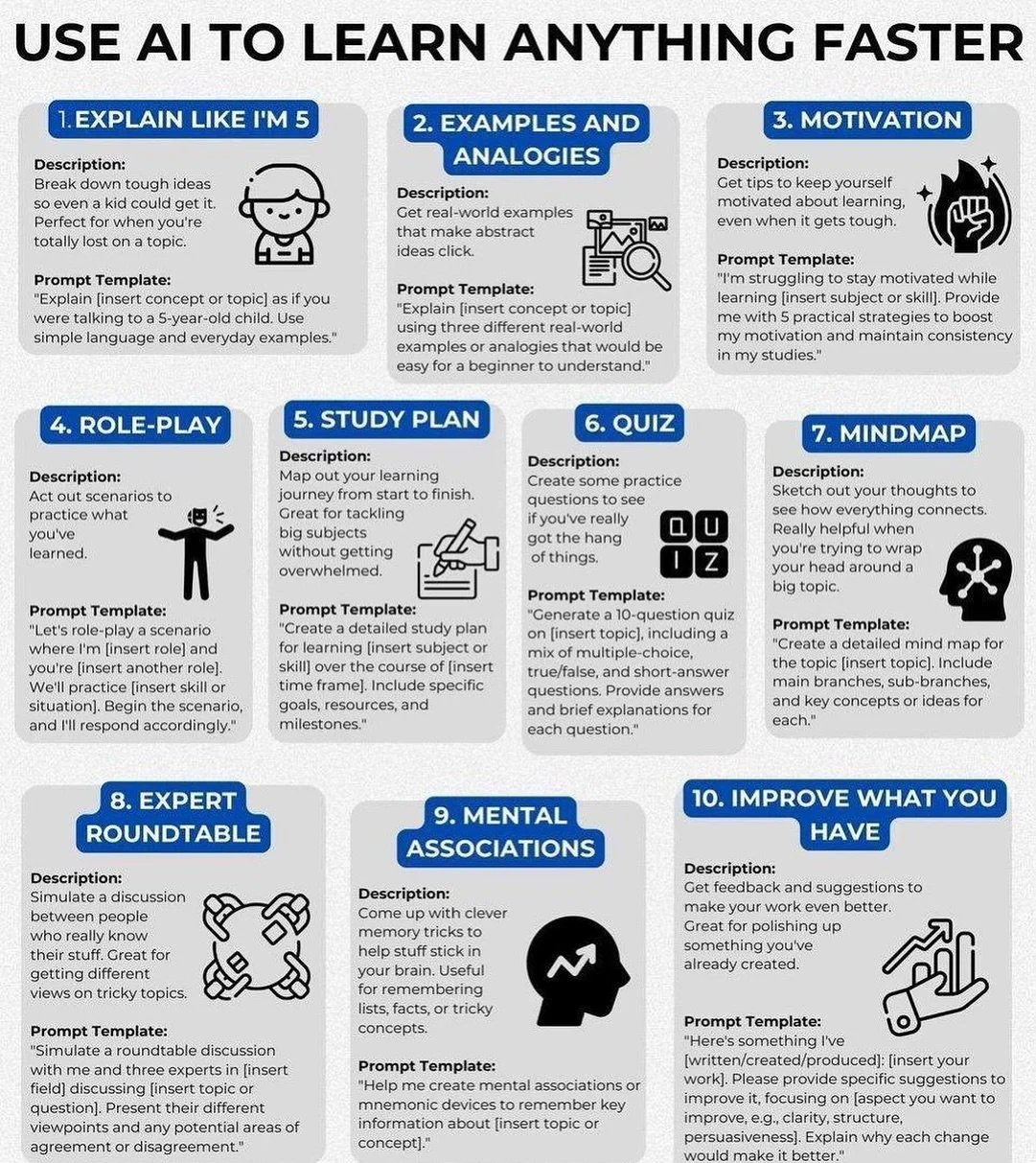 🧠 Want to learn anything faster? Use AI the right way.

Here are 10 proven prompt styles that turn ChatGPT (or any AI) into your personal tutor &mdash; helping you:
✅ Break down complex topics
✅ Build study plans
✅ Stay motivated
✅ Create quizzes, m
