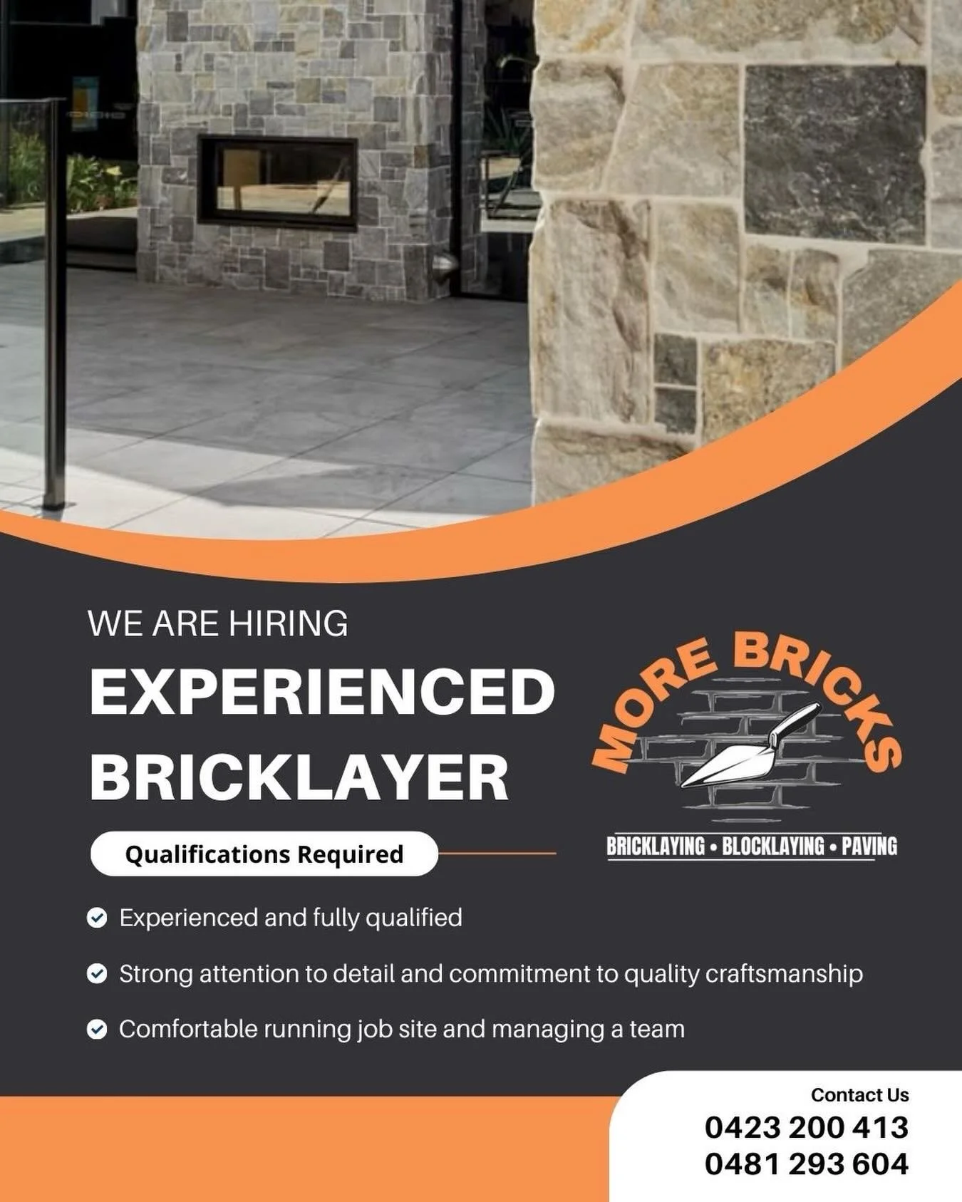 🔥 EXPERIENCED BRICKLAYER WANTED 🔥
Full-time | Award Wages | Supervisor Role
We&rsquo;re looking for a skilled bricklayer ready to step up into a leading hand/supervisor position.
Must be confident running jobs, managing a team, and maintaining top-