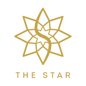 A gold geometric star logo with a leaf shape in the center, and the words 'THE STAR' written below in gold on a black background.