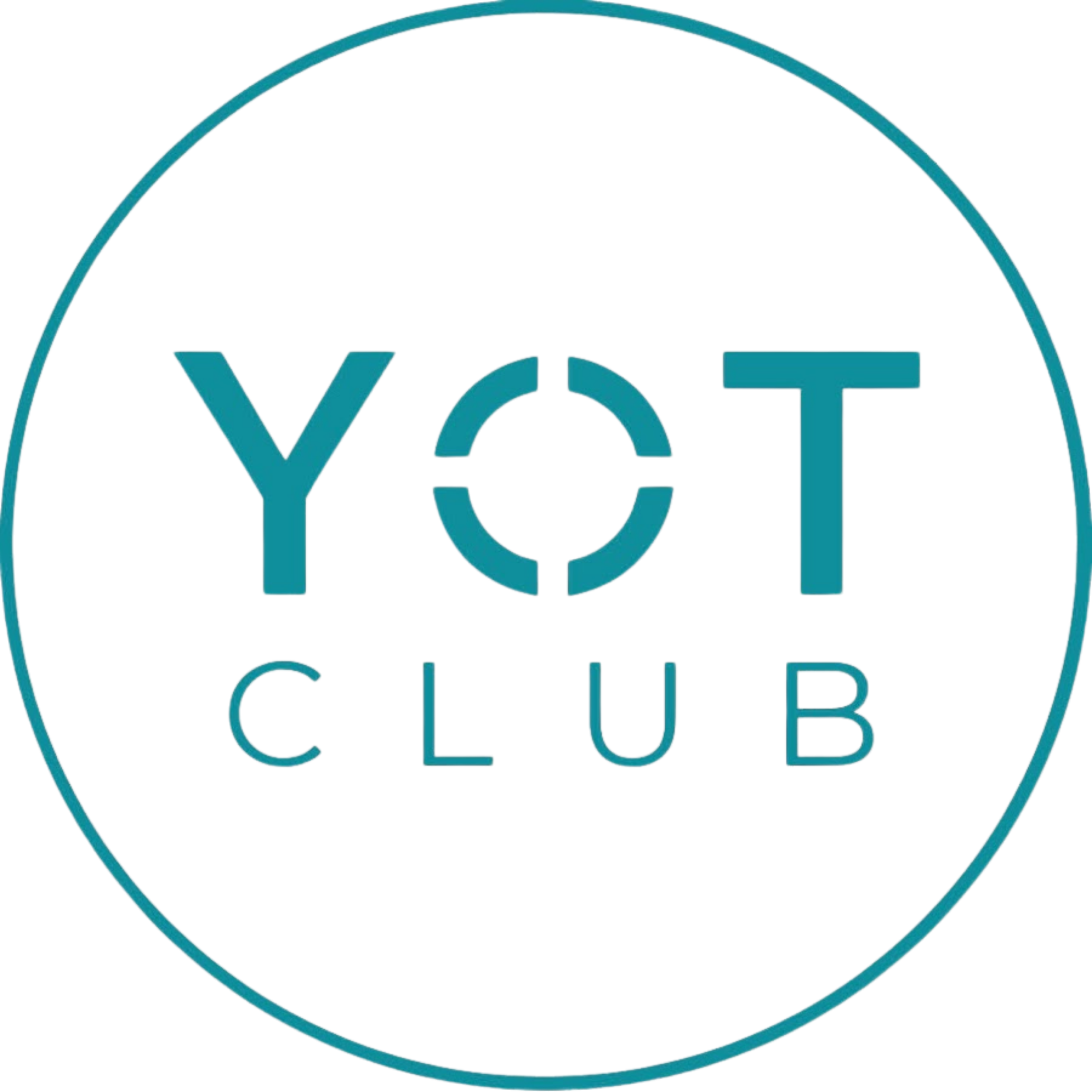 A circular logo with the words "YET CLUB" in stylized text, featuring a mix of teal and red colors.