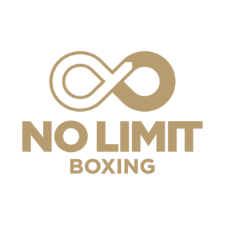 Boxing logo with an infinity symbol and the words 'No Limit Boxing' in gold and black.
