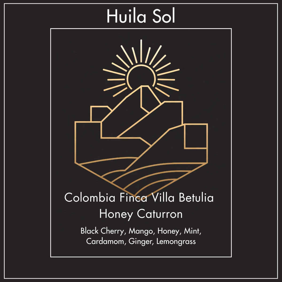 A black and gold label for Colombia Finca Villa Betulia Honey Caturra coffee, a list of flavors including black cherry, mango, honey, mint, cardamom, ginger, and lemongrass.
