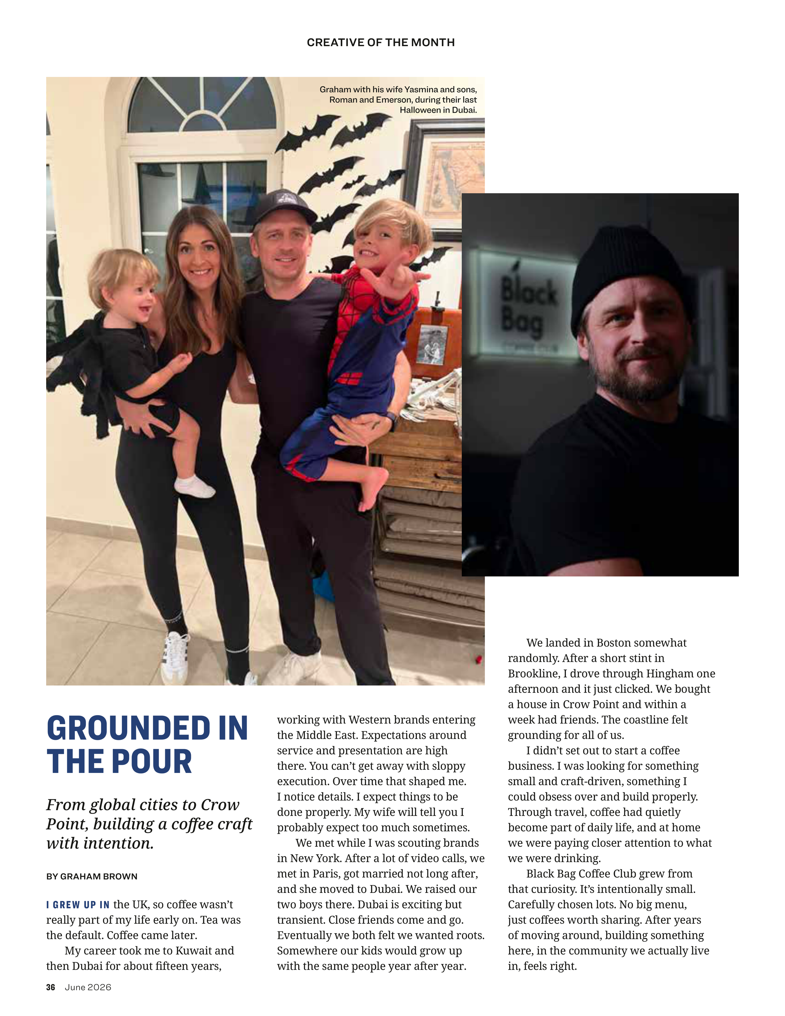 A picture of an article published in Greet Hingham. Introducing the founder of Black Bag Coffee Club (Graham Brown), his family and the back story to the business.