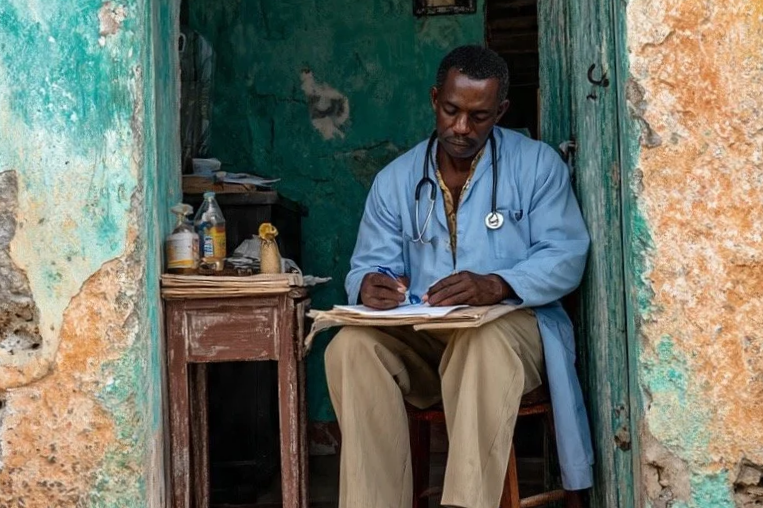 A male doctor in scrubs with a stethoscope around his neck, sitting on a chair, writing on a pad, inside a small, worn room with peeling paint walls.