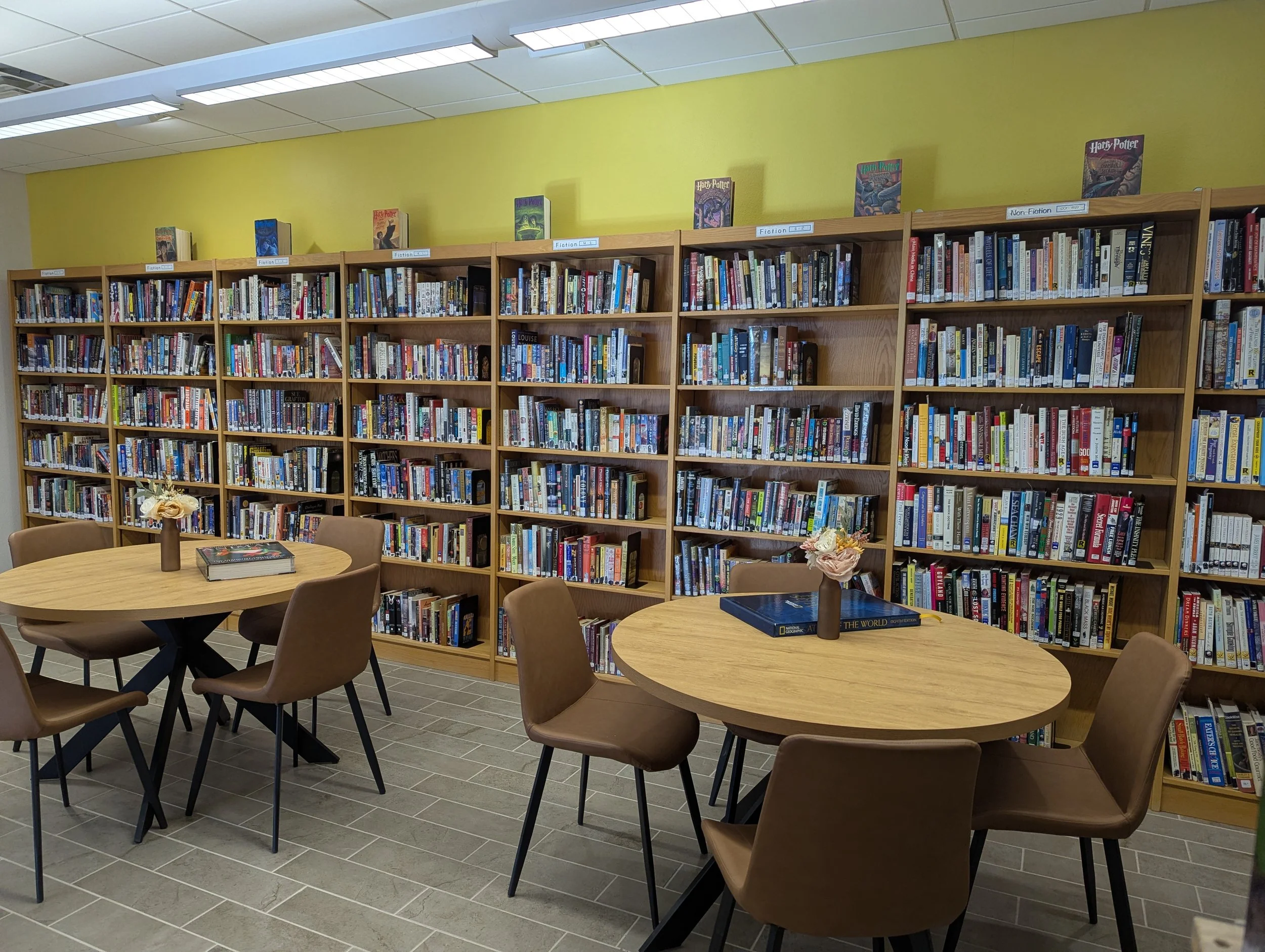 Bookshelves and reading tables in La CIenega Valley Library