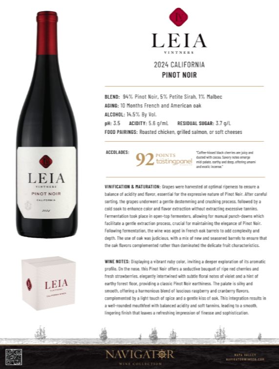 Leia Pinot Noir, California Tech Sheet